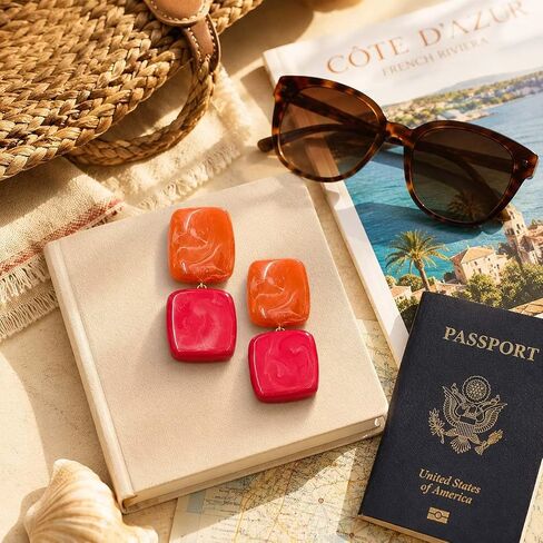 Chunky Statement Resin Earrings for Women, Contrasting Two-Tone Square Earrings, Colorful Boho Beach and Seaside Earrings (Red+Orange Blocks) in Saudi Arabia