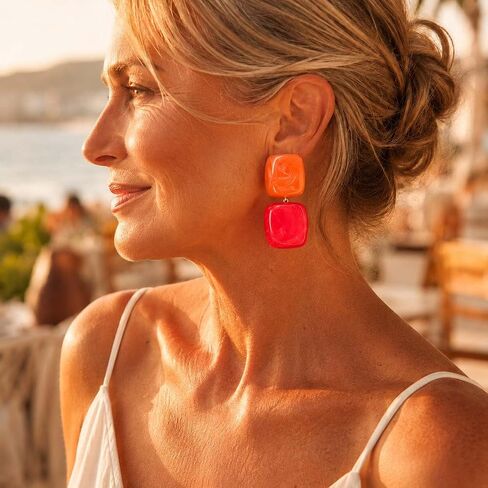 Chunky Statement Resin Earrings for Women, Contrasting Two-Tone Square Earrings, Colorful Boho Beach and Seaside Earrings (Red+Orange Blocks) in Saudi Arabia