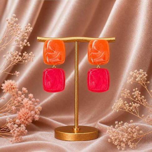 Chunky Statement Resin Earrings for Women, Contrasting Two-Tone Square Earrings, Colorful Boho Beach and Seaside Earrings (Red+Orange Blocks) in Saudi Arabia