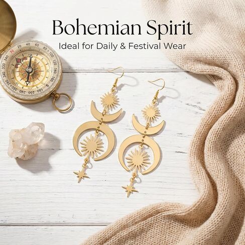 Celestial Earrings Gold Sun Moon Star for Women Boho Dangle Gothic Unique Fashion Accessory in Saudi Arabia