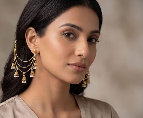 Indian Gold Pearl Kaan Chain for Earrings Ethnic Tradiitonal Kaan Chain Ghungroo for Dangle Earrings Jewelry for Women Birthday Gifts in Saudi Arabia