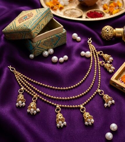 Indian Gold Pearl Kaan Chain for Earrings Ethnic Tradiitonal Kaan Chain Ghungroo for Dangle Earrings Jewelry for Women Birthday Gifts in Saudi Arabia