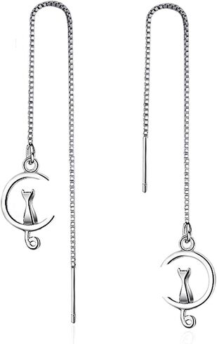 COLORFULBLING White Gold Plated Long Tassel Chain Sweet Cat on Moon Dangle Drop Threader Earrings for Women in Saudi Arabia