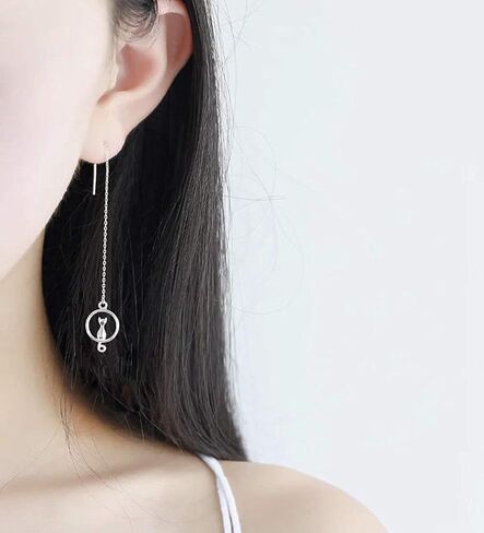 COLORFULBLING White Gold Plated Long Tassel Chain Sweet Cat on Moon Dangle Drop Threader Earrings for Women in Saudi Arabia