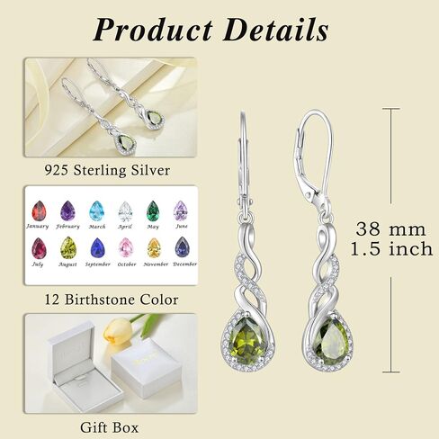 Infinity Dangle Drop Earrings for Women 925 Sterling Silver Teardrop Leverback Earrings Birthstone Jewelry for Women in Kuwait