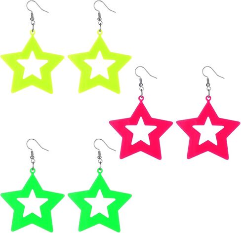 3 Pairs Earrings for Women Retro Party 80s Acrylic Neon Earrings for Glow Party Star Neon Dangle Earring Jewelry for 80s Costume Dancing Glow Accessory in Saudi Arabia