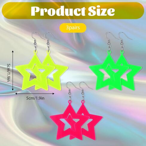 3 Pairs Earrings for Women Retro Party 80s Acrylic Neon Earrings for Glow Party Star Neon Dangle Earring Jewelry for 80s Costume Dancing Glow Accessory in Saudi Arabia