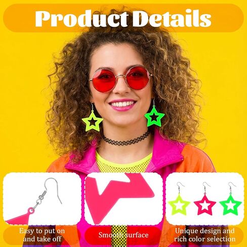 3 Pairs Earrings for Women Retro Party 80s Acrylic Neon Earrings for Glow Party Star Neon Dangle Earring Jewelry for 80s Costume Dancing Glow Accessory in Saudi Arabia