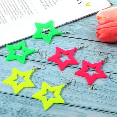 3 Pairs Earrings for Women Retro Party 80s Acrylic Neon Earrings for Glow Party Star Neon Dangle Earring Jewelry for 80s Costume Dancing Glow Accessory in Saudi Arabia