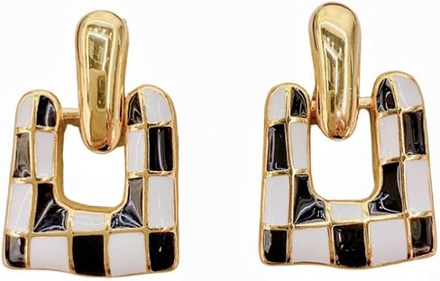 Gold Checkered Earrings for Women Black and White Checkered Dangle Earrings Geometric Square U-shaped Checkered Earrings Stylish Elegant Jewelry for Women in Saudi Arabia