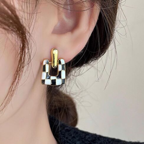Gold Checkered Earrings for Women Black and White Checkered Dangle Earrings Geometric Square U-shaped Checkered Earrings Stylish Elegant Jewelry for Women in Saudi Arabia