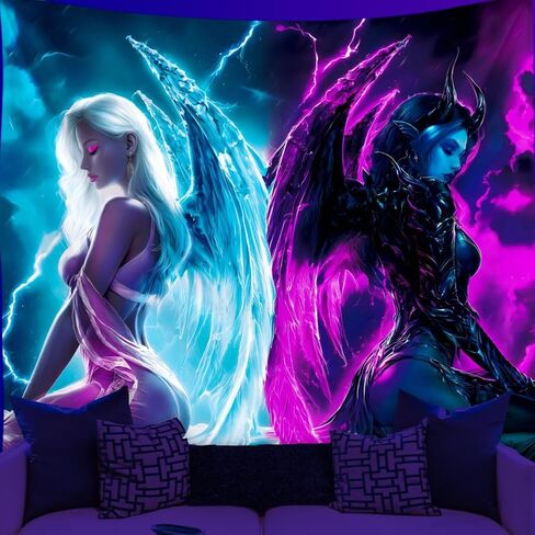 WEBEEDY Blacklight Angels and Demons نسيج جداري بالأشعة فوق البنفسجية يتوهج في الظلام ملصق جناح الملاك خلفية مخدر نسيج جدار ديكور لديكور غرفة المعيشة في الهالوين، 150 × 130 سم / 59 × 51 بوصة in Kuwait
