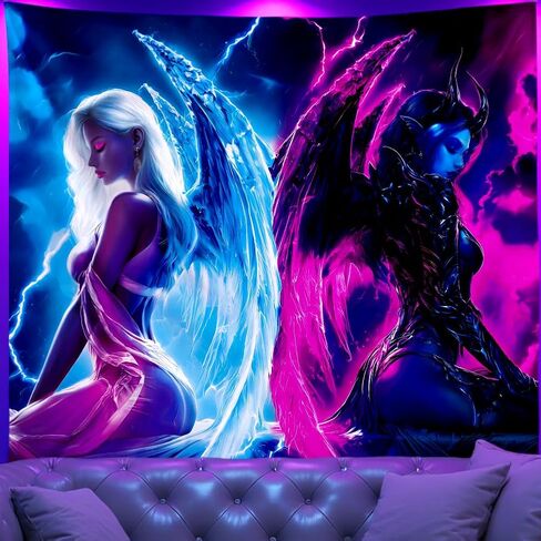 WEBEEDY Blacklight Angels and Demons نسيج جداري بالأشعة فوق البنفسجية يتوهج في الظلام ملصق جناح الملاك خلفية مخدر نسيج جدار ديكور لديكور غرفة المعيشة في الهالوين، 150 × 130 سم / 59 × 51 بوصة in Kuwait