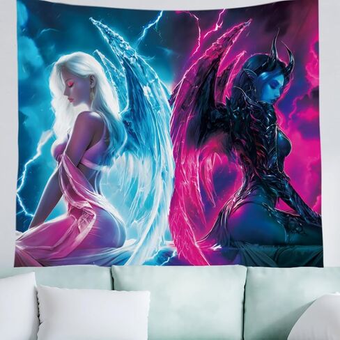 WEBEEDY Blacklight Angels and Demons نسيج جداري بالأشعة فوق البنفسجية يتوهج في الظلام ملصق جناح الملاك خلفية مخدر نسيج جدار ديكور لديكور غرفة المعيشة في الهالوين، 150 × 130 سم / 59 × 51 بوصة in Kuwait