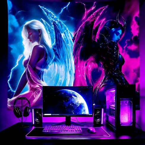 WEBEEDY Blacklight Angels and Demons نسيج جداري بالأشعة فوق البنفسجية يتوهج في الظلام ملصق جناح الملاك خلفية مخدر نسيج جدار ديكور لديكور غرفة المعيشة في الهالوين، 150 × 130 سم / 59 × 51 بوصة in Kuwait