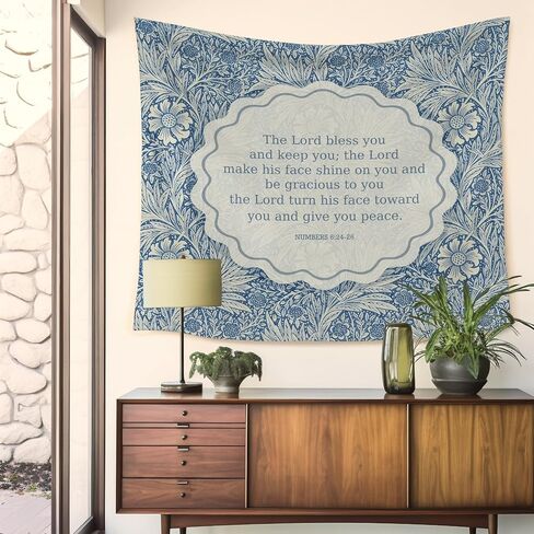 HUGANE Blue Floral Christian Tapestry, Numbers 6:24-26 Bible Verse Wall Tapestries, Vintage Botanical Religious Blessing Hanging Wall Decor for Home Bedroom Living Room, 50x60 Inch in Kuwait