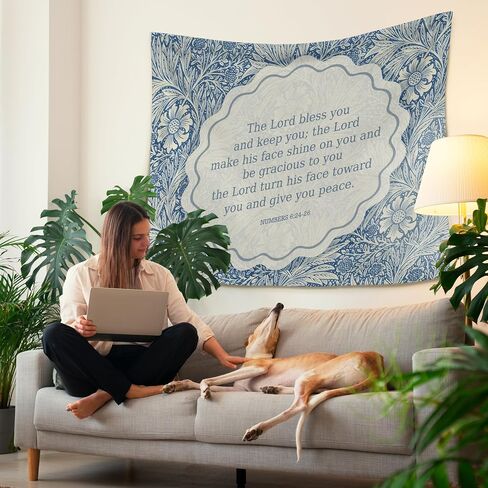 HUGANE Blue Floral Christian Tapestry, Numbers 6:24-26 Bible Verse Wall Tapestries, Vintage Botanical Religious Blessing Hanging Wall Decor for Home Bedroom Living Room, 50x60 Inch in Kuwait