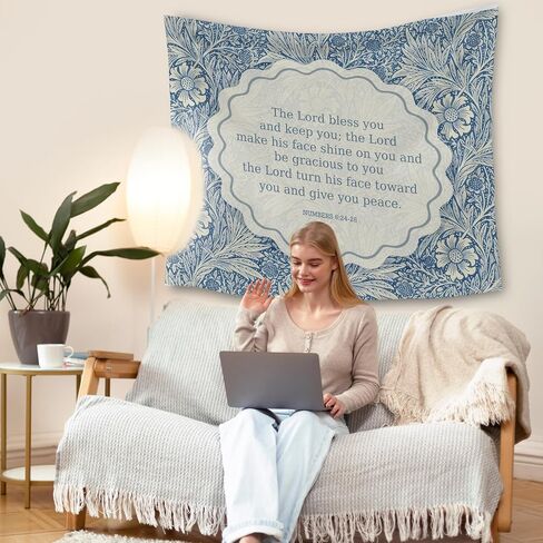 HUGANE Blue Floral Christian Tapestry, Numbers 6:24-26 Bible Verse Wall Tapestries, Vintage Botanical Religious Blessing Hanging Wall Decor for Home Bedroom Living Room, 50x60 Inch in Kuwait
