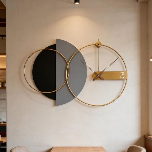 Modern Wall Clock with Black and Gold Design, Large Round Metal Clock, Contemporary Minimalist Decor for Living Room, Office (Black, Gray, and Gold, 27.5" X 43.3" in) in Saudi Arabia