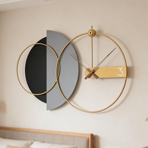 Modern Wall Clock with Black and Gold Design, Large Round Metal Clock, Contemporary Minimalist Decor for Living Room, Office (Black, Gray, and Gold, 27.5" X 43.3" in) in Saudi Arabia