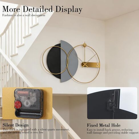 Modern Wall Clock with Black and Gold Design, Large Round Metal Clock, Contemporary Minimalist Decor for Living Room, Office (Black, Gray, and Gold, 27.5" X 43.3" in) in Saudi Arabia
