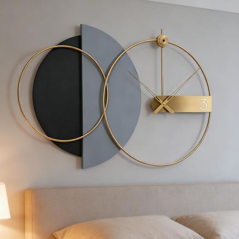 Modern Wall Clock with Black and Gold Design, Large Round Metal Clock, Contemporary Minimalist Decor for Living Room, Office (Black, Gray, and Gold, 27.5" X 43.3" in) in Saudi Arabia