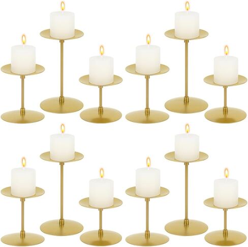12Pcs Pillar Candle Holders Bulks, Metal Pillar Candle Stand Gold Iron Plate Table Centerpieces Indoor Decoration for Mother's Day Wedding Party Dinner Home Decor Housewarming, 3 Sizes in Saudi Arabia