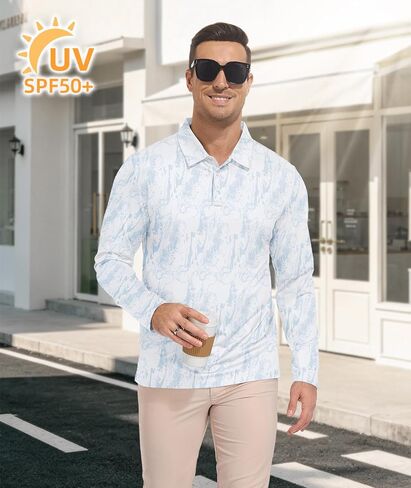 SWISSWELL Long Sleeve Polo Shirts for Men UPF 50+ Sun Protection Performance Print Patterns Collared Golf Polos Casual in Kuwait