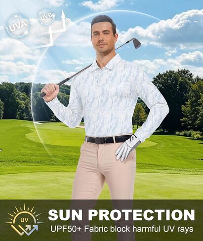SWISSWELL Long Sleeve Polo Shirts for Men UPF 50+ Sun Protection Performance Print Patterns Collared Golf Polos Casual in Kuwait
