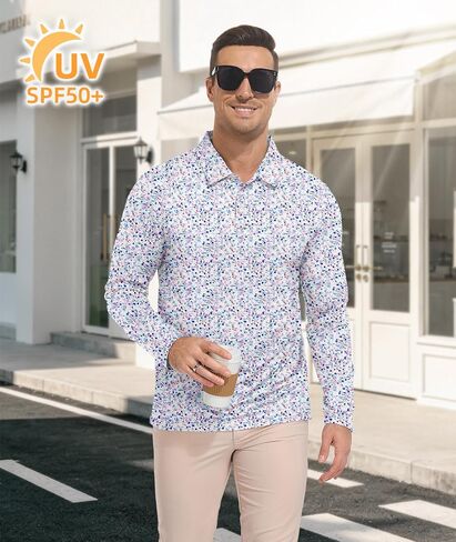 SWISSWELL Long Sleeve Polo Shirts for Men UPF 50+ Sun Protection Performance Print Patterns Collared Golf Polos Casual in Kuwait