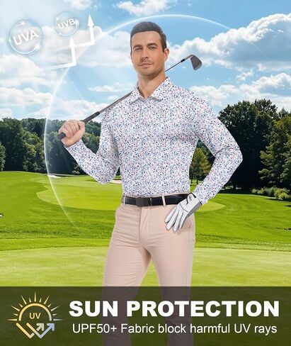 SWISSWELL Long Sleeve Polo Shirts for Men UPF 50+ Sun Protection Performance Print Patterns Collared Golf Polos Casual in Kuwait
