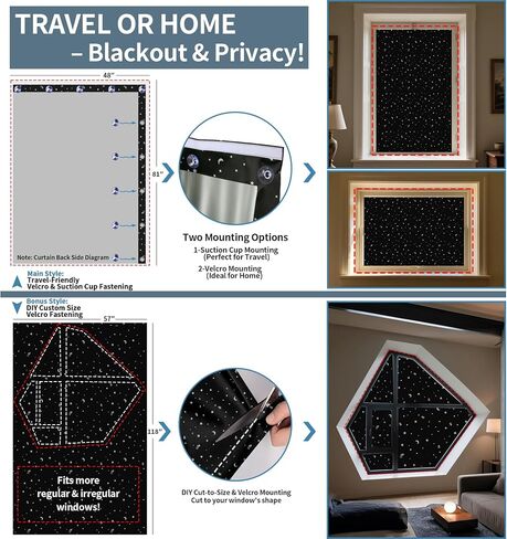 Portable Blackout Curtains 2 Pack 100% Light Blocking Window Shades, No Drill Adhesive Curtains for Bedroom, Travel, RV, Thermal Insulated (Starry Black, Main(81"x48")&Bonus(118"x57")) in Kuwait