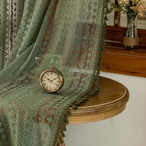 Boho Lace Curtains 84 Inches Long, Vintage Farmhouse Semi Sheer Curtain Panels with Tassel Trim for Living Room Bedroom, Light Filtering Rod Pocket Drapes, Olive Green, 59"W x 84"L, Set of 2 in Saudi Arabia
