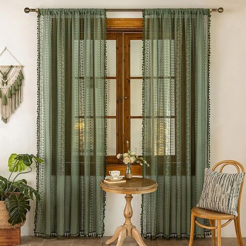 Boho Lace Curtains 84 Inches Long, Vintage Farmhouse Semi Sheer Curtain Panels with Tassel Trim for Living Room Bedroom, Light Filtering Rod Pocket Drapes, Olive Green, 59"W x 84"L, Set of 2 in Saudi Arabia