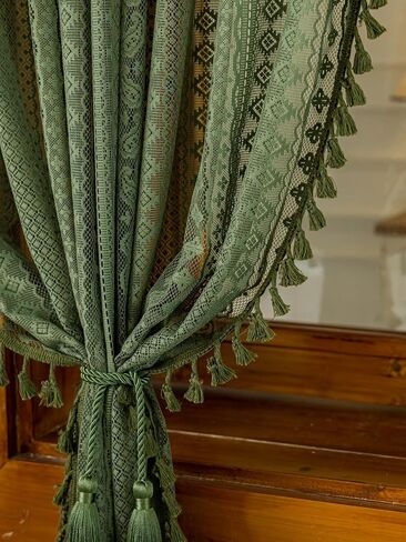 Boho Lace Curtains 84 Inches Long, Vintage Farmhouse Semi Sheer Curtain Panels with Tassel Trim for Living Room Bedroom, Light Filtering Rod Pocket Drapes, Olive Green, 59"W x 84"L, Set of 2 in Saudi Arabia