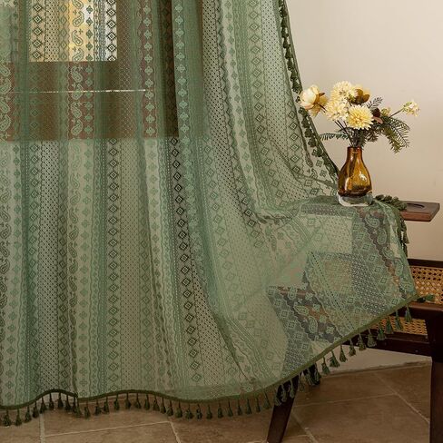 Boho Lace Curtains 84 Inches Long, Vintage Farmhouse Semi Sheer Curtain Panels with Tassel Trim for Living Room Bedroom, Light Filtering Rod Pocket Drapes, Olive Green, 59"W x 84"L, Set of 2 in Saudi Arabia