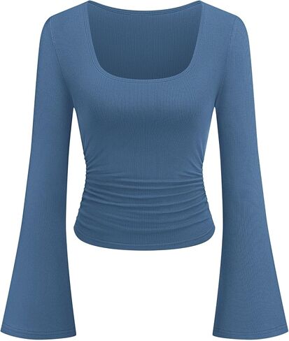 PRETTYGARDEN Womens Long Bell Sleeve Going Out Tops Fall Fashion 2026 Square Neck Ruched Ribbed Shirts Winter Y2K Clothes in Kuwait