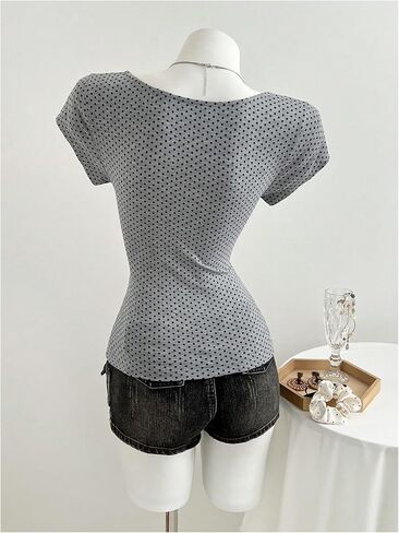 SweatyRocks Women's Polka Dots Twist Front T Shirts Y2k Deep V Neck Cap Sleeve Fitted Date Night Tees in Kuwait