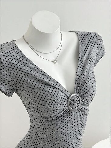 SweatyRocks Women's Polka Dots Twist Front T Shirts Y2k Deep V Neck Cap Sleeve Fitted Date Night Tees in Kuwait