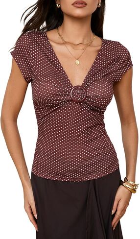 SweatyRocks Women's Polka Dots Twist Front T Shirts Y2k Deep V Neck Cap Sleeve Fitted Date Night Tees in Kuwait