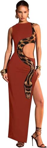 PURFUN Women Sexy Snake Pattern Maxi Dress High Split Hollow Out Dinner Cocktail Party Night Club Long Bodycon Dress Outfit in Saudi Arabia