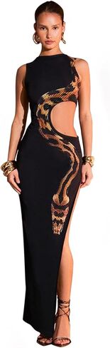 PURFUN Women Sexy Snake Pattern Maxi Dress High Split Hollow Out Dinner Cocktail Party Night Club Long Bodycon Dress Outfit in Saudi Arabia
