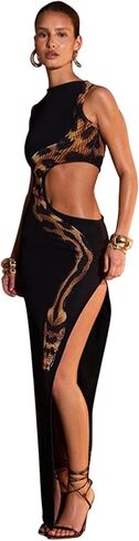 PURFUN Women Sexy Snake Pattern Maxi Dress High Split Hollow Out Dinner Cocktail Party Night Club Long Bodycon Dress Outfit in Saudi Arabia
