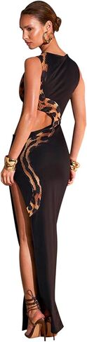 PURFUN Women Sexy Snake Pattern Maxi Dress High Split Hollow Out Dinner Cocktail Party Night Club Long Bodycon Dress Outfit in Saudi Arabia