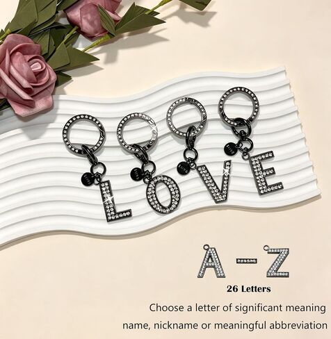 Bling Rhinestone Personalized Initial Keychain for Women & Men, Black & Silver, Ideal Charm for Car Keys, House Keys and Bags in Kuwait