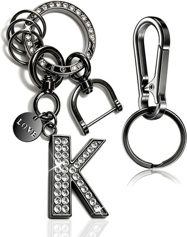 Bling Rhinestone Personalized Initial Keychain for Women & Men, Black & Silver, Ideal Charm for Car Keys, House Keys and Bags in Kuwait