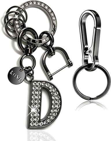 Bling Rhinestone Personalized Initial Keychain for Women & Men, Black & Silver, Ideal Charm for Car Keys, House Keys and Bags in Kuwait