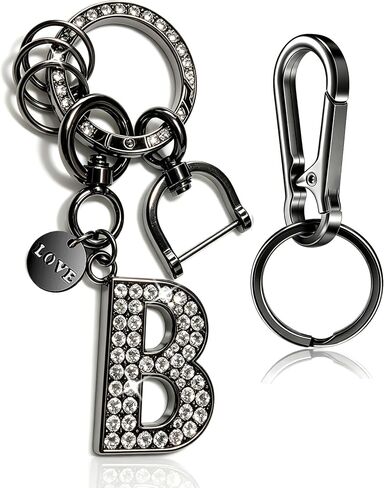Bling Rhinestone Personalized Initial Keychain for Women & Men, Black & Silver, Ideal Charm for Car Keys, House Keys and Bags in Kuwait