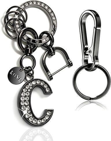 Bling Rhinestone Personalized Initial Keychain for Women & Men, Black & Silver, Ideal Charm for Car Keys, House Keys and Bags in Kuwait