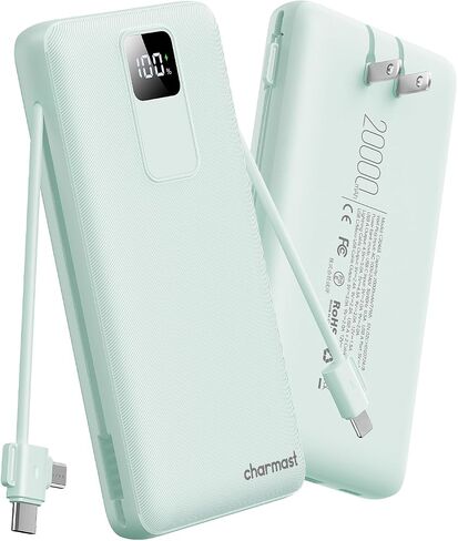 charmast 20000mAh Portable Charger with Wall Plug, Fast Charging Power Bank USB C, 20W PD Battery Pack with Built-in Cables Travel Essential for iPhone 16/15/14, Samsung, iPad More Devices (Black) in Kuwait